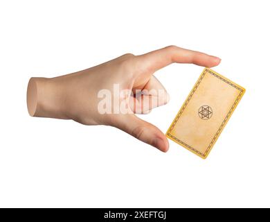 Tarotkarte rückwärts, Rückansicht. Handanzug, isoliert auf weiß. Wahrsagung, Lesen. Esoterische, mystische Vorhersage. Stockfoto