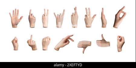 Handgestenset, verschiedene Zeichen. Isolierter weißer Arm, Finger, Faust, OK, Daumen hoch und runter, Sieg, Hörner, Quetschen. Grundlegende 3D-Symbole. Frieden, Zeigen, c Stockfoto