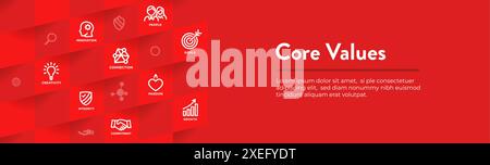 Web-Header-Banner „Core Values“ – Symbole für Integrität, Mission und Vision Stock Vektor