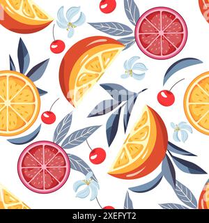 Nahtloses tropisches Muster. Vektorscheiben von Zitrusfrüchten. Orangen, Blumen und Blätter auf nahtlosem Hintergrund. Und Blätter. Gut für Mode und Stoff Stock Vektor