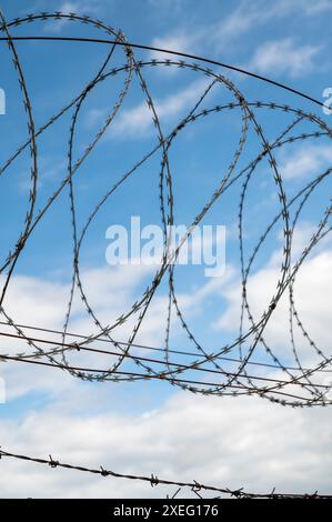 Stacheldrahtzaun. Rasierdraht. Eingeschränkter Bereich. Flughafenschutz. Stockfoto