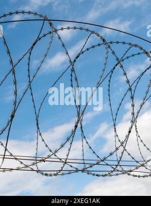 Stacheldrahtzaun. Rasierdraht. Eingeschränkter Bereich. Flughafenschutz. Stockfoto