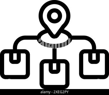 Symbol eines globalen Netzwerks, das Geräte mit einem Standort-Pin verbindet, der die Datenübertragung anzeigt Stock Vektor