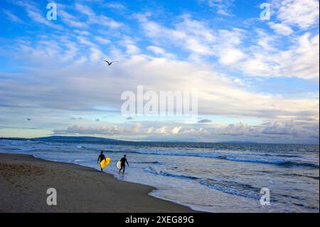 Surfer am Strand von Santa Monica mit der Palos Verdes Halbinsel im Hintergrund Stockfoto