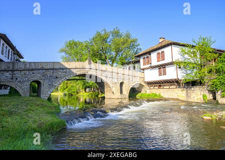 Die alte Brücke und traditionelle bulgarische Häuser in der Altstadt von Trjavna, Bulgarien Stockfoto