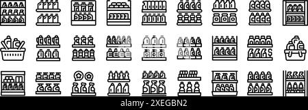Symbole für Haushaltschemikalien in Regalen. Ikonensatz mit Supermarktregeln mit verschiedenen Reinigungsprodukten und Lebensmitteln Stock Vektor