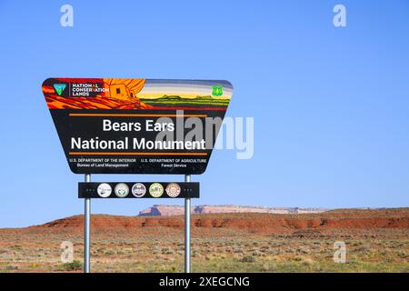 Blanding, UT, USA – 18. Juni 2024; farbenfrohes Schild im Bears Ears National Monument National Conservation Lands in Utah Stockfoto