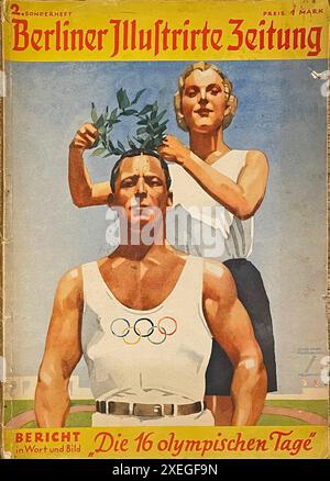 Eine Gedenkausgabe der Berliner Illustrated Times mit den Olympischen Spielen 1936. Diese Olympischen (und die Sommerspiele) wurden von und in Nazi-Deutschland organisiert und inszeniert und waren somit ein enormer Auftrieb für das Nazi-ideal. Alle Verfolgungen und ihre Spuren wurden aufgelöst und Besucher sahen ein blühendes und anständig glückliches Land. Stockfoto