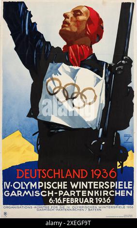 Ein Vintage-Poster für die Olympischen Winterspiele 1936. Diese Olympischen (und die Sommerspiele) wurden von und in Nazi-Deutschland organisiert und inszeniert und waren somit ein enormer Auftrieb für das Nazi-ideal. Alle Verfolgungen und ihre Spuren wurden aufgelöst und Besucher sahen ein blühendes und anständig glückliches Land. Stockfoto