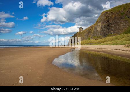 Mussenden Tempel, der am Rande von Klippen mit Blick auf den Atlantischen Ozean und Downhill Strand in Nordirland liegt Stockfoto