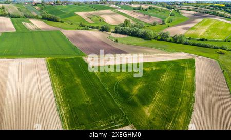 Wunderschönes Ackerland und landschaftlich reizvolle Landschaft in Ponidzie, Polen. Drohnenansicht aus der Luft Stockfoto