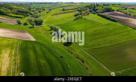 Wunderschönes Ackerland und landschaftlich reizvolle Landschaft in Ponidzie, Polen. Drohnenansicht aus der Luft Stockfoto