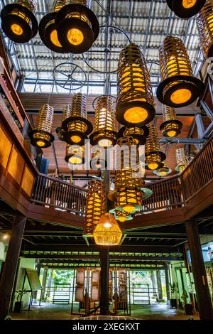 Lobby der Borneo Rainforest Lodge. Danum Valley Conservation Area, Sabah, Borneo, Malaysia. Stockfoto