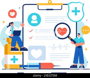 Vektor-Illustration eines Anamnesesesystems, das Informationen über Krankheiten und Gesundheitsdatenbanken in einem flachen Stil Cartoon Hintergrund bereitstellt Stock Vektor