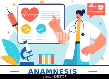 Vektor-Illustration eines Anamnesesesystems, das Informationen über Krankheiten und Gesundheitsdatenbanken in einem flachen Stil Cartoon Hintergrund bereitstellt Stock Vektor