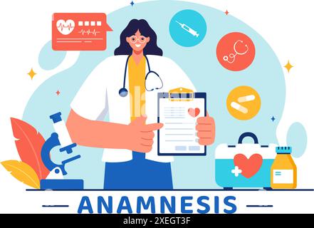 Vektor-Illustration eines Anamnesesesystems, das Informationen über Krankheiten und Gesundheitsdatenbanken in einem flachen Stil Cartoon Hintergrund bereitstellt Stock Vektor