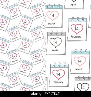 Nahtloses Muster von Kalenderseiten mit Datum der Liebesfeiertage 14. Februar, 14. März und 14. April. Valentinstag, Weißer und Schwarzer Tag. 2er-Set. Isolieren. EPS. Vektor für Hintergrundbilder, Umhüllungen oder Web Stock Vektor