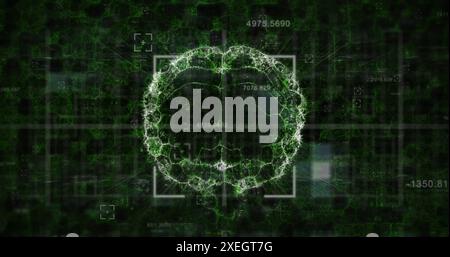 Bild der Datenverarbeitung und des Scope-Scans über dem sich drehenden menschlichen Gehirn-Symbol auf grünem Hintergrund Stockfoto