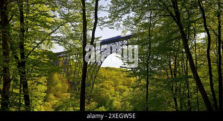 Münchner Brücke mit Dieseltriebwagen, höchste Eisenbahnbrücke Deutschlands, Solingen, Europa Stockfoto