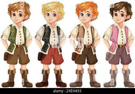 Vier Jungs in verschiedenen Farben, traditionelle Outfits Stock Vektor