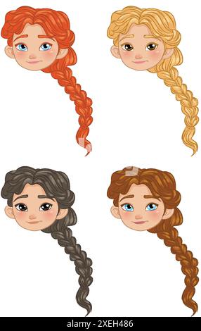 Vier Zeichen mit verschiedenen geflochtenen Frisuren Stock Vektor