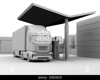 Tonaufbereitung bei der Betankung von Brennstoffzellenfahrzeugen in der Wasserstoffstation. Die Station ist mit H2-Gastanks und Container-Batteriespeichersystem ausgestattet. 3D-rendern Stockfoto