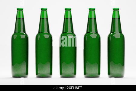 3D-Rendering von isolierten Bier- oder Likör-Alkohol-Glasflaschen auf weiß Stockfoto