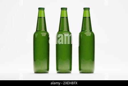 3D-Rendering von isolierten Bier- oder Likör-Alkohol-Glasflaschen auf weiß Stockfoto