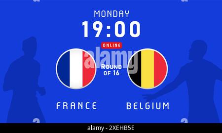 Frankreich gegen Belgien, 16. Runde, Juli 2024, Flaggenembleme. Vektor-Hintergrund mit französischen und belgischen Fahnen für Fußballmeisterschaft im Fernsehen Stock Vektor