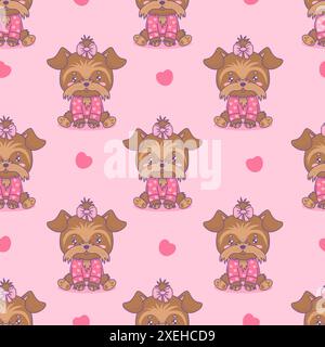 Nahtloses Muster mit Zeichentrickhund Yorkshire Terrier Mädchen auf rosa Hintergrund. Lustiges Kawaii-Tier. Vektorabbildung. Kinderkollektion. Stock Vektor
