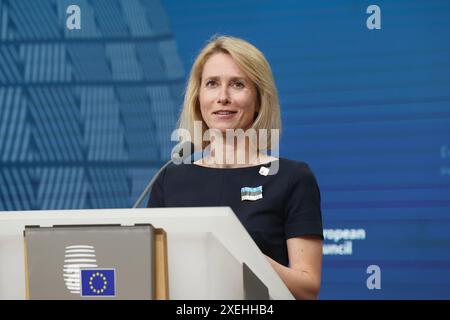 Brüssel, Belgien Juni 2024. Der Estnische Premierminister Kaja Kallas spricht auf einer Pressekonferenz nach dem Gipfeltreffen des Europäischen Rates in Brüssel, Belgien, am 28. Juni 2024. Quelle: Zhao Dingzhe/Xinhua/Alamy Live News Stockfoto