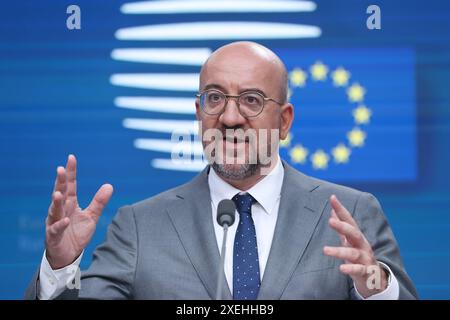 Brüssel, Belgien Juni 2024. Der Präsident des Europäischen Rates, Charles Michel, spricht auf einer Pressekonferenz nach dem Gipfeltreffen des Europäischen Rates in Brüssel, Belgien, am 28. Juni 2024. Quelle: Zhao Dingzhe/Xinhua/Alamy Live News Stockfoto