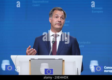 Brüssel, Belgien Juni 2024. Alexander de Croo, amtierender Premierminister Belgiens, spricht auf einer Pressekonferenz nach einem Gipfeltreffen des Europäischen Rates in Brüssel, Belgien, am 28. Juni 2024. Quelle: Zhao Dingzhe/Xinhua/Alamy Live News Stockfoto