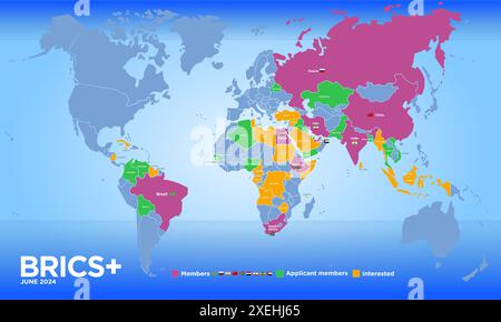 BRICS-Länderkarte im juni 2024 mit neuen Mitgliedern, internationaler Wirtschaftsorganisation, Vektor-Illustration Stock Vektor