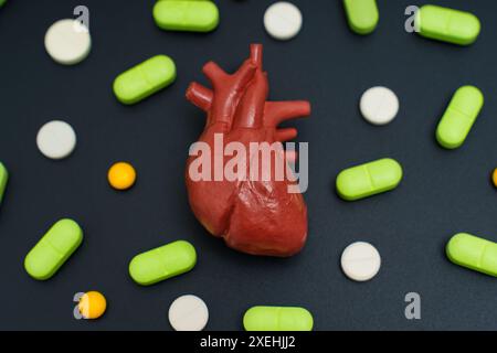 Anatomisches Modell eines menschlichen Herzens umgeben von verschiedenen Pillen auf schwarzem Hintergrund. Herzgesundheit, Medikamente und medizinisches Behandlungskonzept. Stockfoto