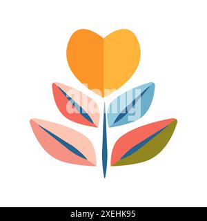 Symbol der geometrischen Zweige mit einfachen, minimalistischen Blättern und einer gelben Herzblume. Sauberes und elegantes Design für verschiedene Anwendungen. Stock Vektor