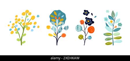 Bezaubernde Vektorillustration mit skurrilen Pflanzen und Blumen in hellen, lebendigen Farben. Perfekt für Frühlingsmotive, Grußkarten und Wohnkultur. Fängt eine frische und verspielte Atmosphäre ein. Stock Vektor