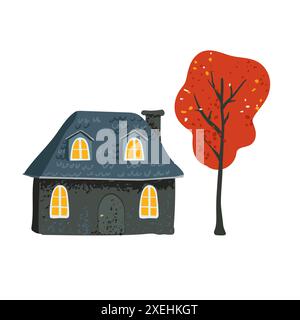 Märchenhaus mit gekacheltem Dach in schlichtem minimalistischem Stil, roten Blättern auf einem Baum vor weißem Hintergrund. Postkarte und Poster. Verpackungspapier und Textilien Stock Vektor