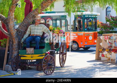 San Diego, Kalifornien - 16. April 2024: Schaufensterpuppe in Cowboykleidung, sitzt in einem Wagen unter einem Baum in der Nähe eines Hop-on-Hop-off-Trolleys in der Altstadt. Stockfoto