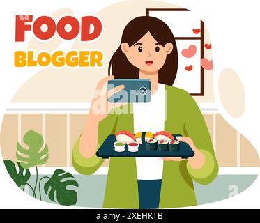 Food Blogger Vektor-Illustration mit Influencer Rezension und Teilen auf dem Blog in einem Restaurant in flachem Stil Cartoon Hintergrund Stock Vektor