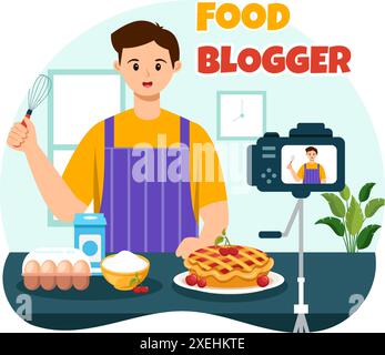 Food Blogger Vektor-Illustration mit Influencer Rezension und Teilen auf dem Blog in einem Restaurant in flachem Stil Cartoon Hintergrund Stock Vektor