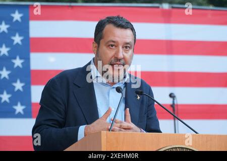 Villa Taverna, Rom, Italien, 27. Juni 2024, Matteo Salvini, Minister für Infrastruktur und Verkehr bei der Aufnahme der amerikanischen Unabhängigkeit D. Stockfoto