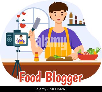 Food Blogger Vektor-Illustration mit Influencer Rezension und Teilen auf dem Blog in einem Restaurant in flachem Stil Cartoon Hintergrund Stock Vektor