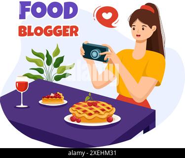 Food Blogger Vektor-Illustration mit Influencer Rezension und Teilen auf dem Blog in einem Restaurant in flachem Stil Cartoon Hintergrund Stock Vektor