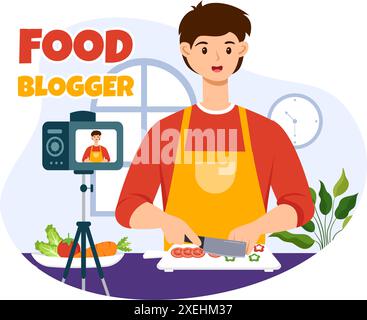 Food Blogger Vektor-Illustration mit Influencer Rezension und Teilen auf dem Blog in einem Restaurant in flachem Stil Cartoon Hintergrund Stock Vektor