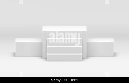 Weiße 3D Podium Cubes Plattform mit Treppen Wettbewerb gewinnen Platz Leistung realistische Vektor Illustration. Grundstieltreppe mit Sockel Stock Vektor