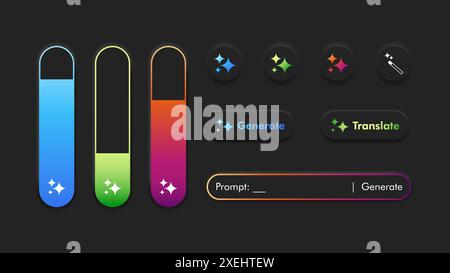 Neurmorphismus-UI-Design für Werkzeuge der künstlichen Intelligenz. Symbol- und Schaltflächen für Generative AI sind auf schwarzem Hintergrund isoliert. Vektorvorlage für Website Stock Vektor