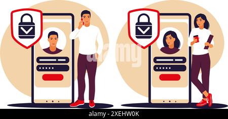 Konzept für die Anmeldung. Junge Menschen, die sich über die Smartphone-App anmelden oder sich beim Online-Konto anmelden. Sichere Anmeldung und sicheres Kennwort. Vektorgrafik. Flach. Stock Vektor