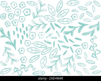 Grünes Grunge-Laub, Kräuter und Blumen Set. Einfache handgezeichnete rustikale Sammlung botanischer Elemente, Vektorgrafiken Stock Vektor