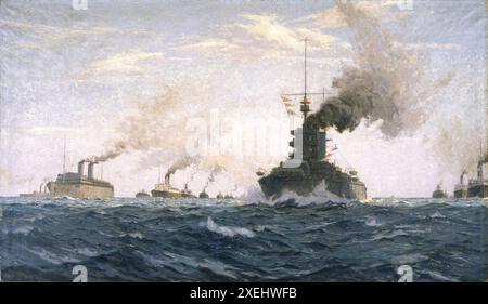 Das große Ölgemälde von Lieutenant Commander Norman Wilkinson zeigt das Segeln des über 31.000 Mann starken 1. Kanadischen Militärkontingents von Kanada nach England. Nachdem sie Soldaten, Pferde und Ausrüstung in Quebec an Bord genommen hatten, bildeten sich die Linienschiffe, die das erste Kontingent trugen, mit britischen Kriegsschiffen in der Bay of Gaspé, Quebec, bevor sie nach England aufbrachen. Auf dem Weg dorthin kamen ein weiteres Schiff mit Soldaten aus Neufundland und mehrere andere Kriegsschiffe, darunter einer der größten Schlachtkreuzer der Royal Navy, die 000 Tonnen schwere HMS Princess Royal, die hier im Vordergrund zu sehen war. Stockfoto